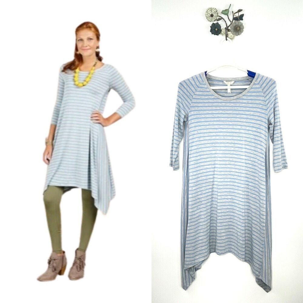 MATILDA JANE Blue Gray Her Majesty Striped Dress Womens Large Handkerchief Hem
